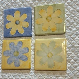 Floral Ceramic Coasters Set - Blue, Yellow, Green